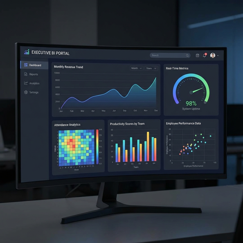 Executive BI dashboard with revenue trends, real-time metrics, and team analytics